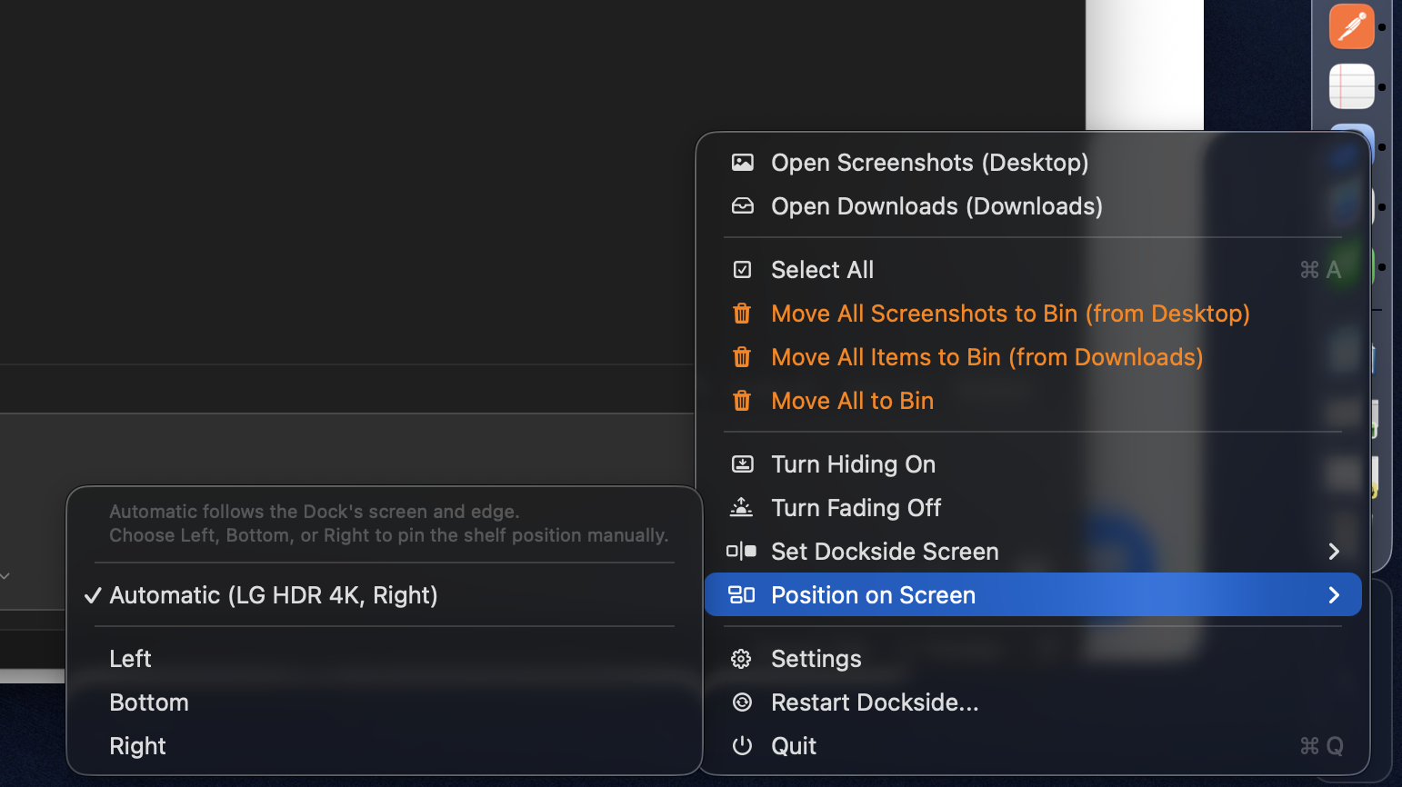 Position on screen – Left, Bottom, Right
