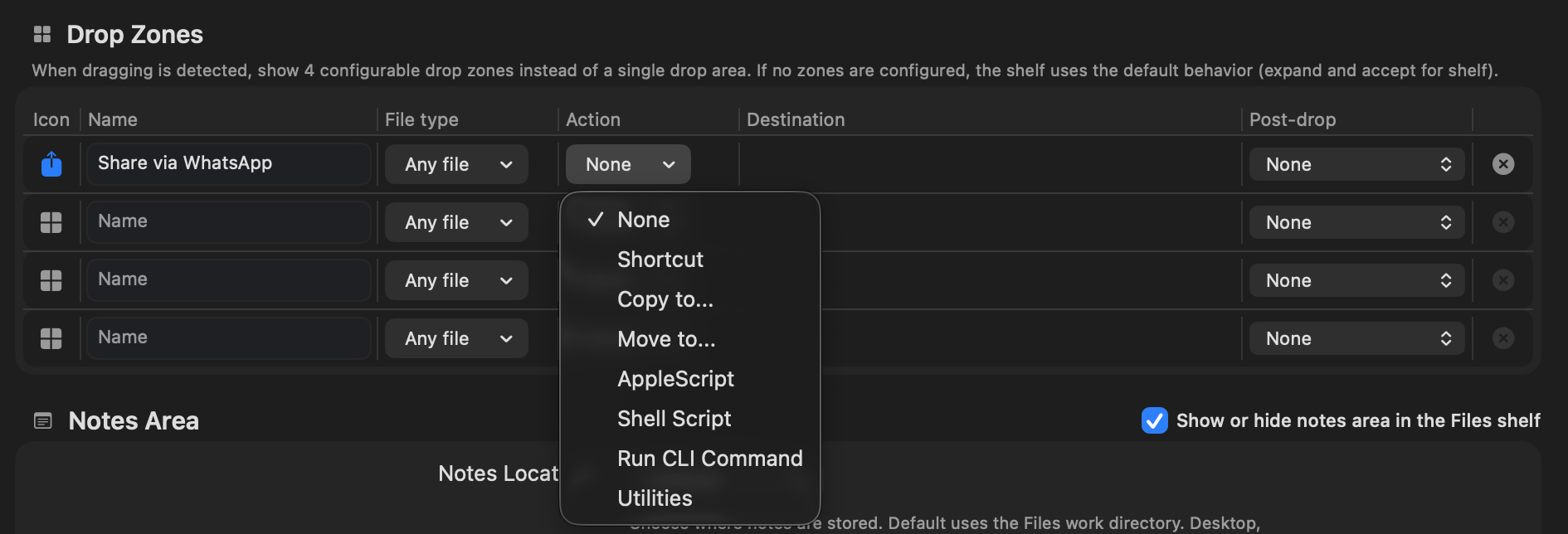Drop Zones settings - configure icon, name, file type, action, destination and post-drop actions to create a custom workflow
